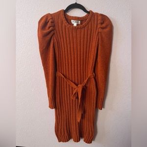 Sweater Dress with Waist Tie and Puffy Sleeves